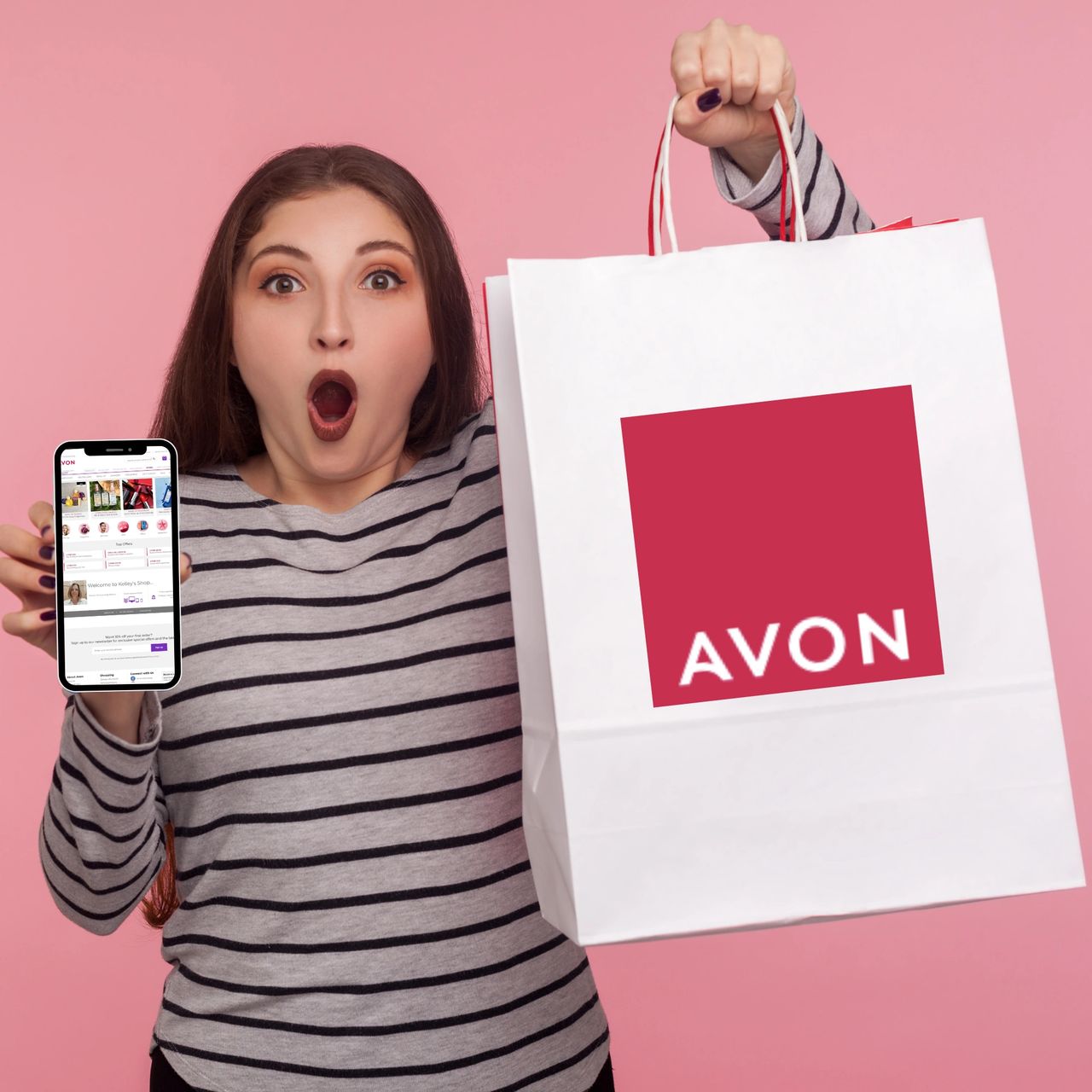 A lady looking shocked at the bargain she got from Avon by shopping online from her phone