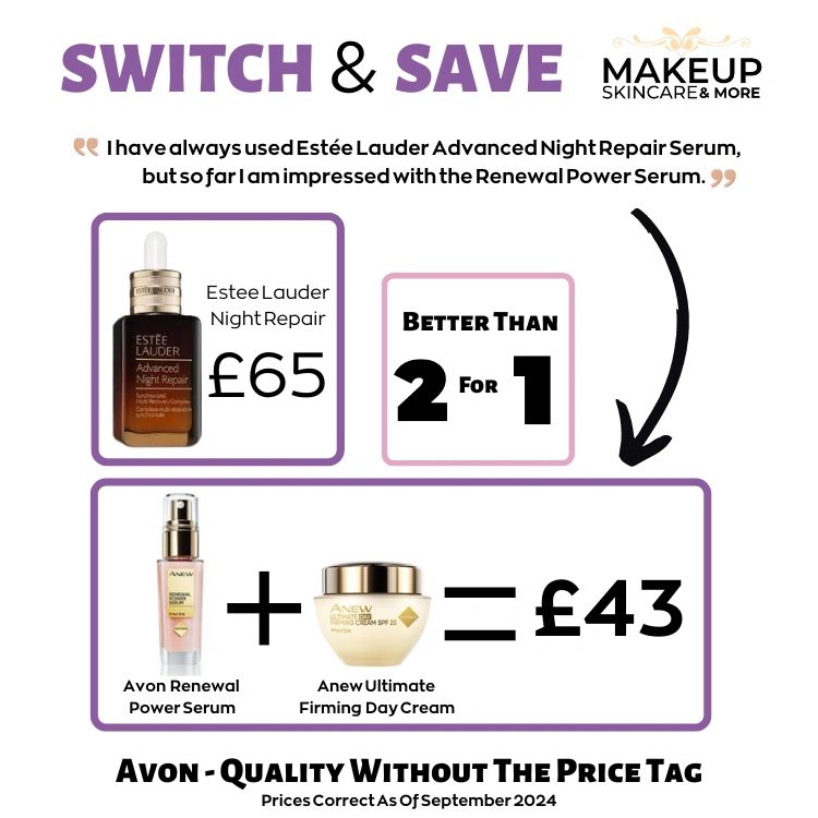 Visual showing price difference between estee lauder night repair & Avon renewal Power Serum